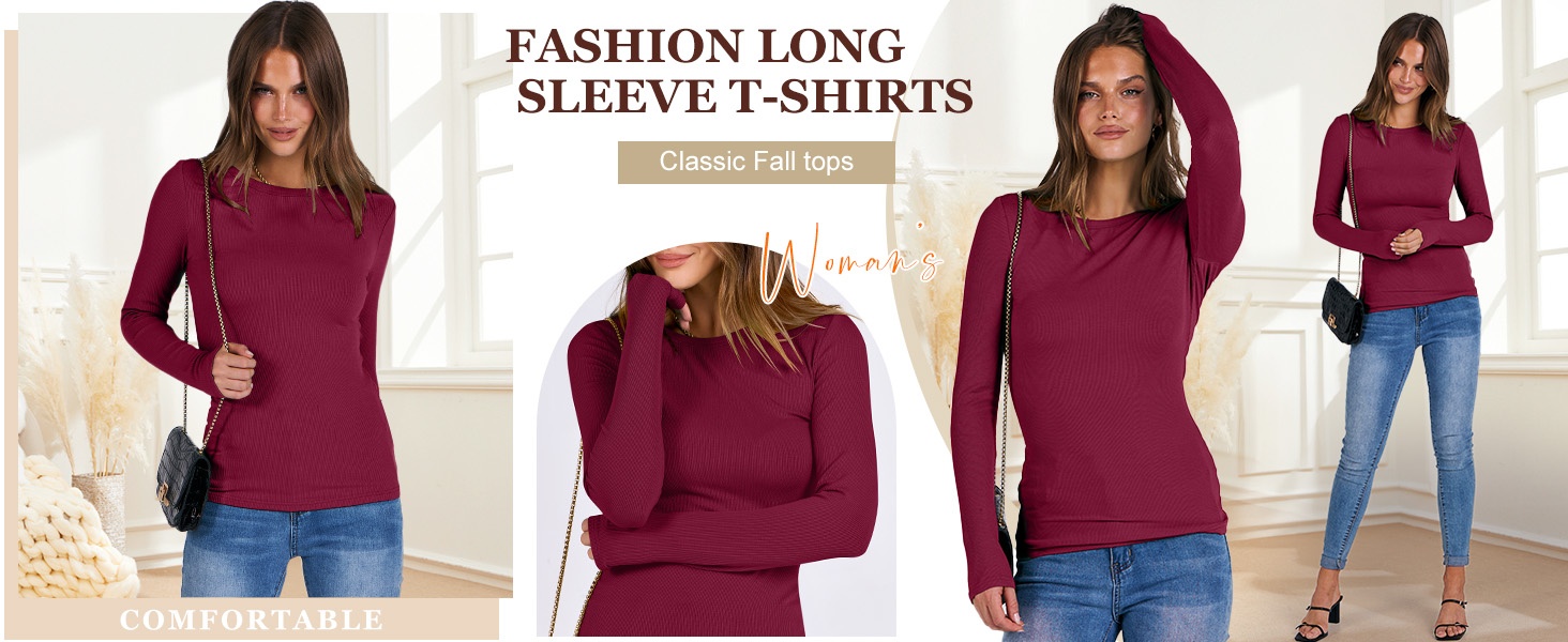 Women Long Sleeve Crewneck Rib Slim Fit Shirts Basic Tee Tops 2025 Casual T-Shirt Workout Outfits