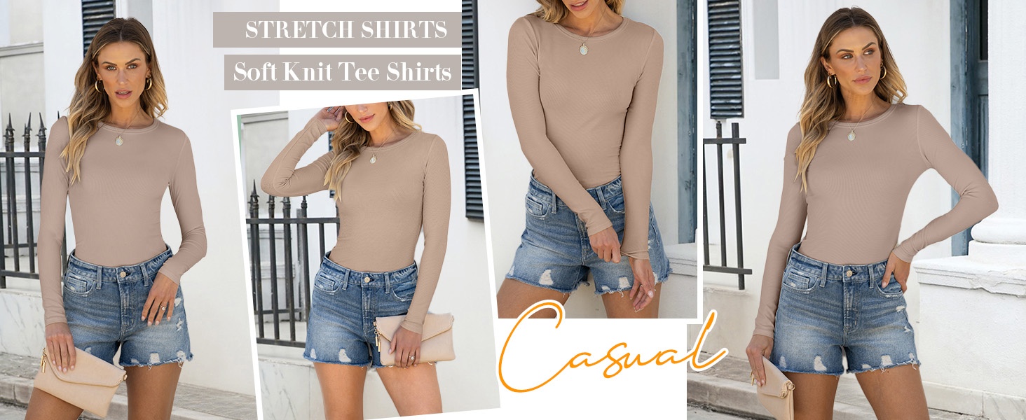 Women Long Sleeve Crewneck Rib Slim Fit Shirts Basic Tee Tops 2025 Casual T-Shirt Workout Outfits