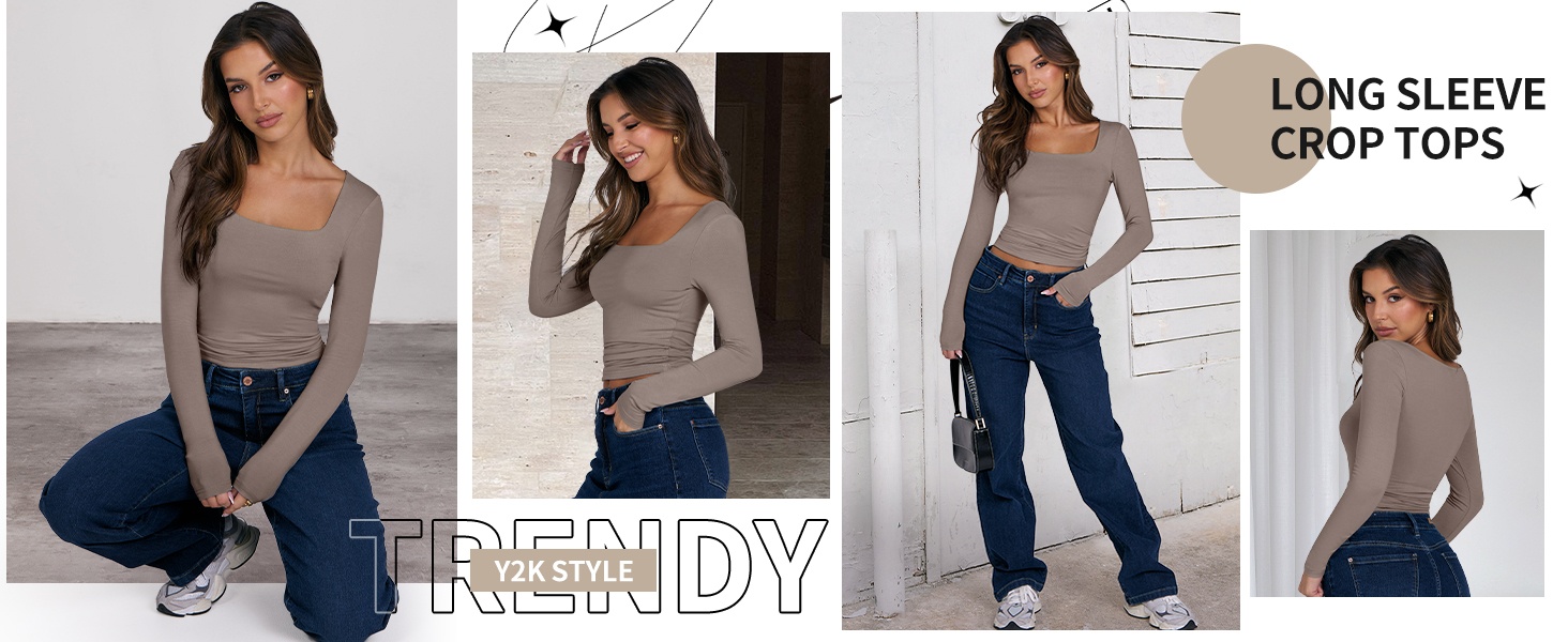 Women Double Lined Long Sleeve Crop Tops Shirts Square Neck Tight Going Out T-Shirt Basic Tee 1568