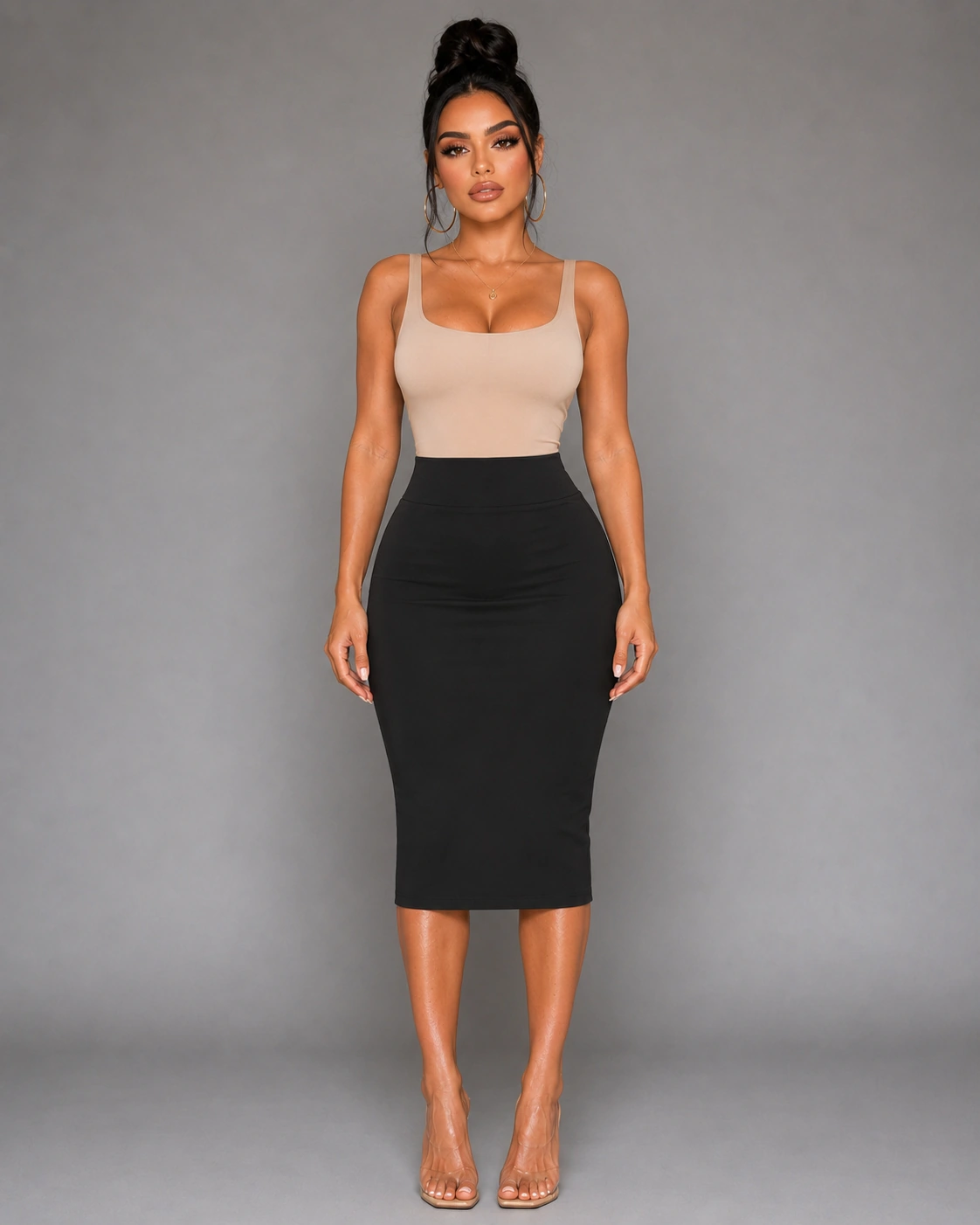 Women's Premium Nylon Ponte Stretch High Waist Pencil Suit Skirt Below Knee