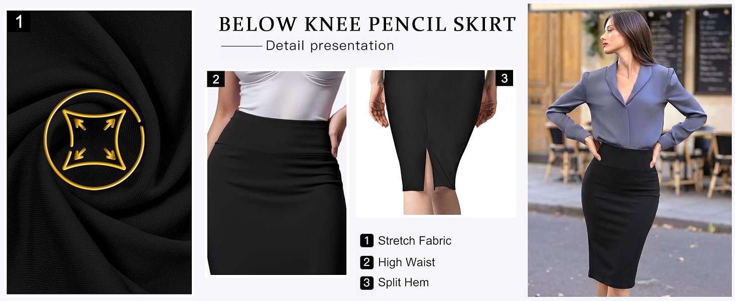 omen's Premium Nylon Ponte Stretch High Waist Pencil Suit Skirt Below Knee