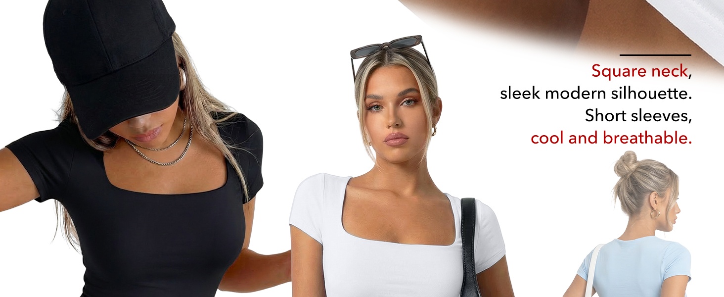 Womens Double Lined Short Sleeve Square Neck Crop Tops | Spring Summer Compression Tshirt Workout Gym Going Out Cute Basic Tee for Teen Girl product story image 2