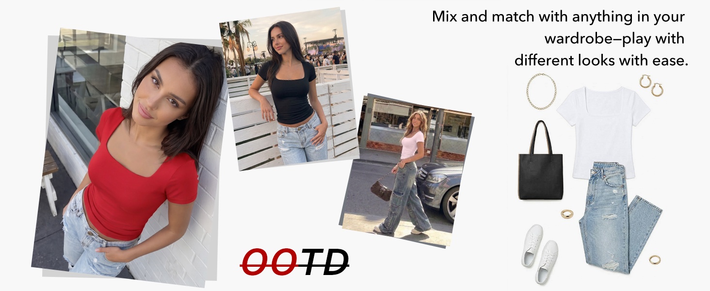 Womens Double Lined Short Sleeve Square Neck Crop Tops | Spring Summer Compression Tshirt Workout Gym Going Out Cute Basic Tee for Teen Girl product story image 4