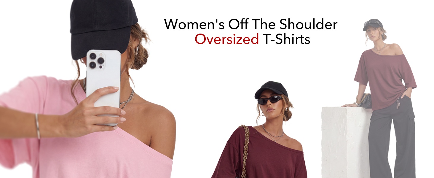 Womens Off the Shoulder Tops Oversized Summer T-Shirts 2026 | Breathable comfort stretch fabric, short sleeve, basic oversized tees, casual workout gym, y2k going out clothes product story image 2