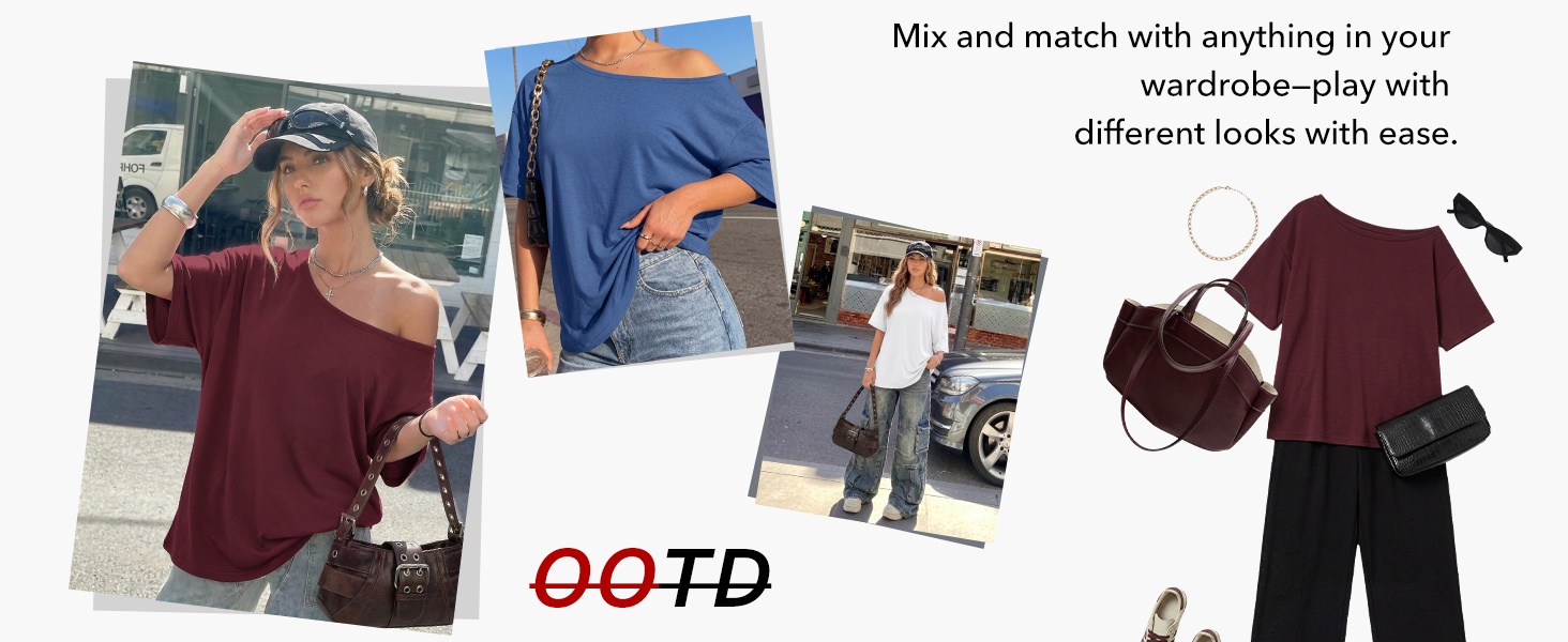 Womens Off the Shoulder Tops Oversized Summer T-Shirts 2026 | Breathable comfort stretch fabric, short sleeve, basic oversized tees, casual workout gym, y2k going out clothes product story image 4